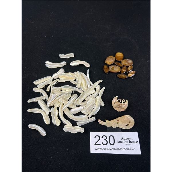 Vintage Mother of Pearl Lot Antique Brooches, Beads, etc