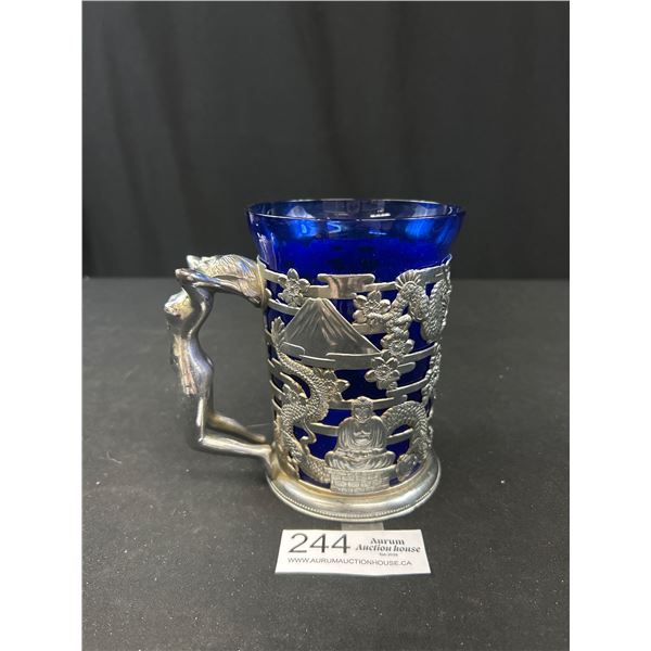 Vintage Cobalt Blue and Chrome Mug w/ Naked Lady Handle Japan