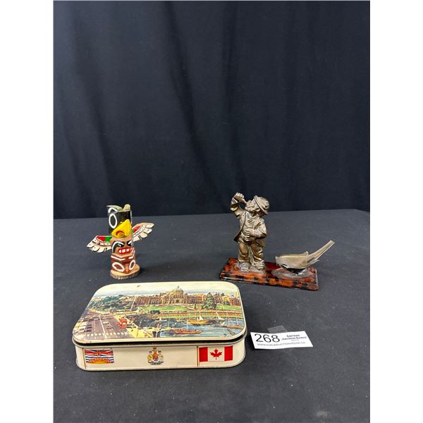 Vintage Victoria BC Tin + Native Totem Pole and Bronze Pipe Holder
