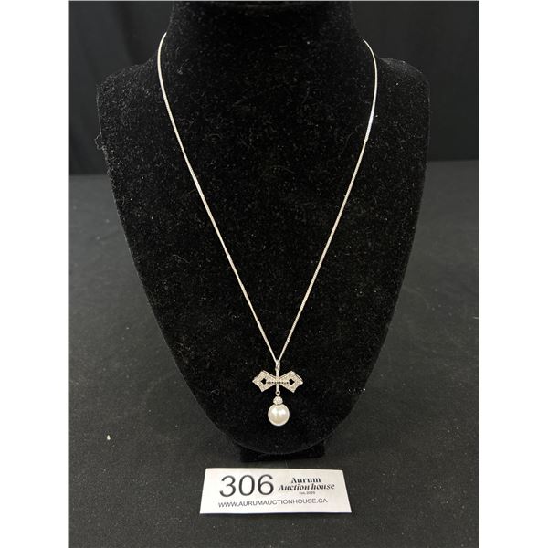 925 Sterling Silver Chain w/ Pearl Pedant Marked 925 Italy