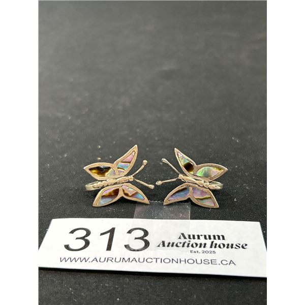 Vintage Pair of Sterling Silver w/ Abelone Inlaid Butterfly Design Screw On Earrings Marked EGF 925 