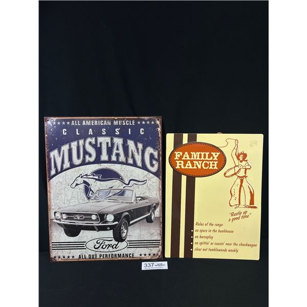 Vintage Embossed 'Family Ranch' and 'Classic Mustang' Tin Signs
