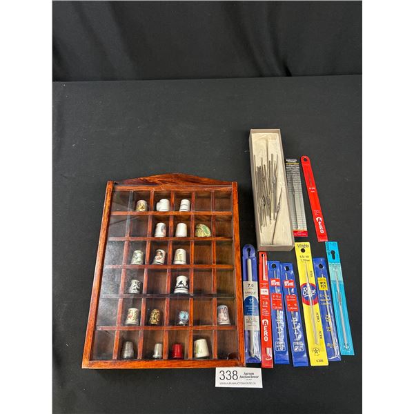 Vintage Thimble Collectino in Display Case and Box of Crochet Needles