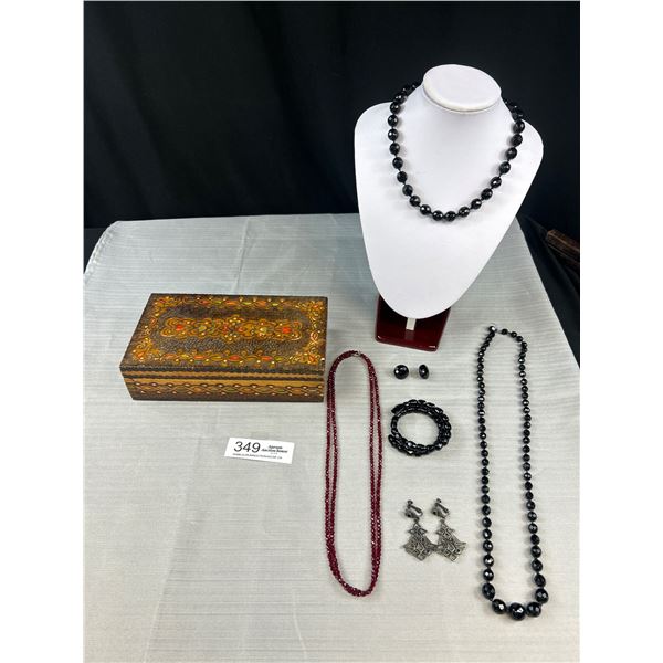 Vintage Handcrafted Wood Box w/Costume Jewelry (Includes Black Glass Bead Snake Bracelet