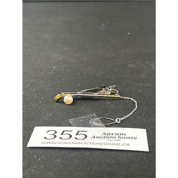 Sterling Silver w/ Genuine Pearl Golf Club Tie Bar Marked Silver 8