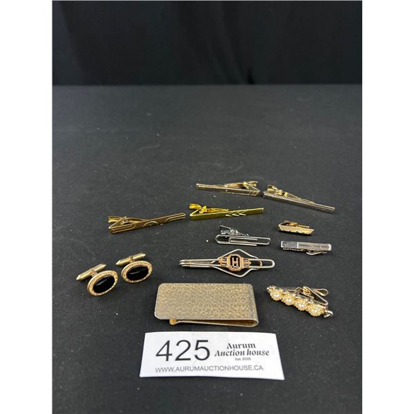 9 Vintage Tie Bars, Pair of Gold Kregmenz Cufflinks + Money Clip