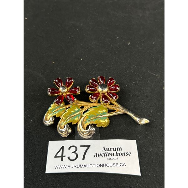 Very Large Vintage w/ Ruby Red Stones Brooch 3.5" L + 2" W