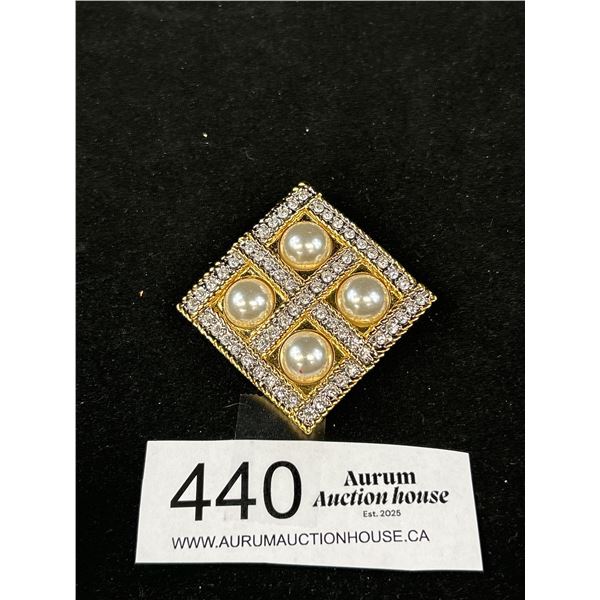 Lovely Gold Tone w/ Pearls + Rhinestones Brooch Marked Butler