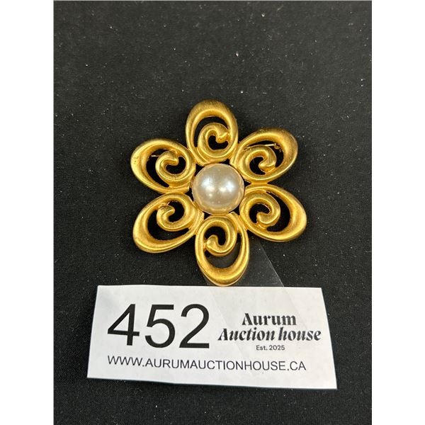 Gold Tone w/ Large Pearl Anne Klein Brooch Marked AK.