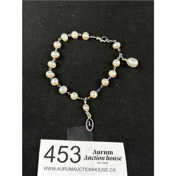 Lovely Silver w/ Genuine Pearls Charm Bracelet