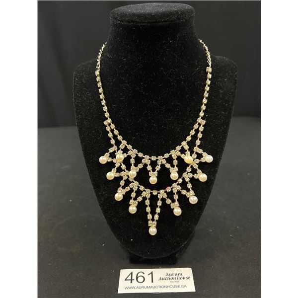 Vintage Rhinestones w/ Pearls Necklace Self Adjustible Sizes