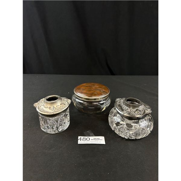 3 Antique Cut Glass Powder Boxes and Hair Recievers
