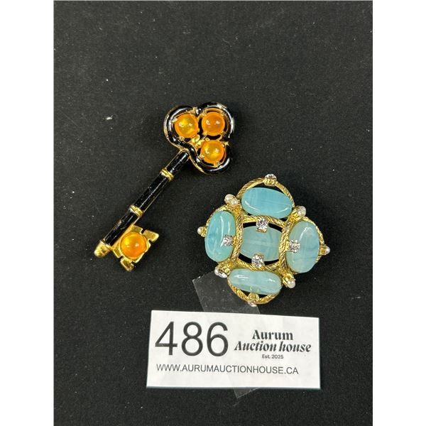 2 Vintage Gold w/ Black Enamel + Stones Key Brooch + Glass Beads Wired Brooch