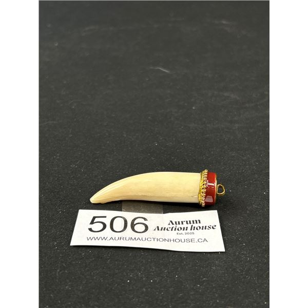 Vintage Gold Plate Red Enamel Large Genuine Tooth Pendant