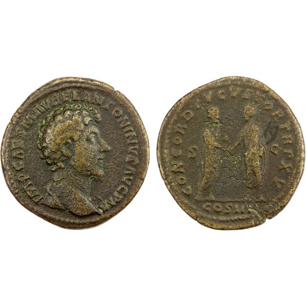 ROMAN EMPIRE: Marcus Aurelius, 161-180 AD, AE sestertius (20.47g), Rome, 161 AD, VF