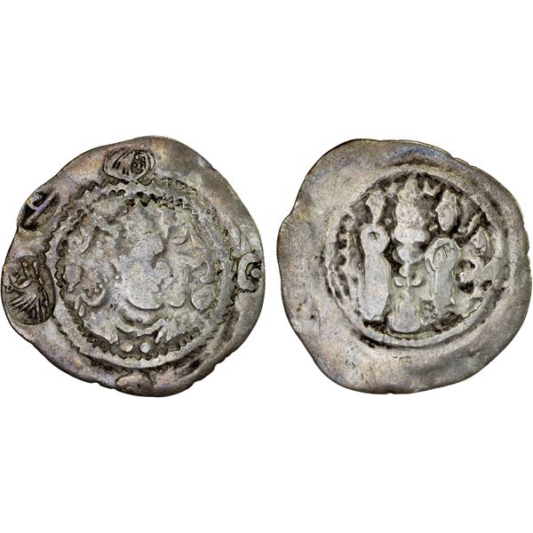 TOKHARISTAN: Hormizd IV type, ca. 600+, AR drachm (3.16g), blundered date, F-VF
