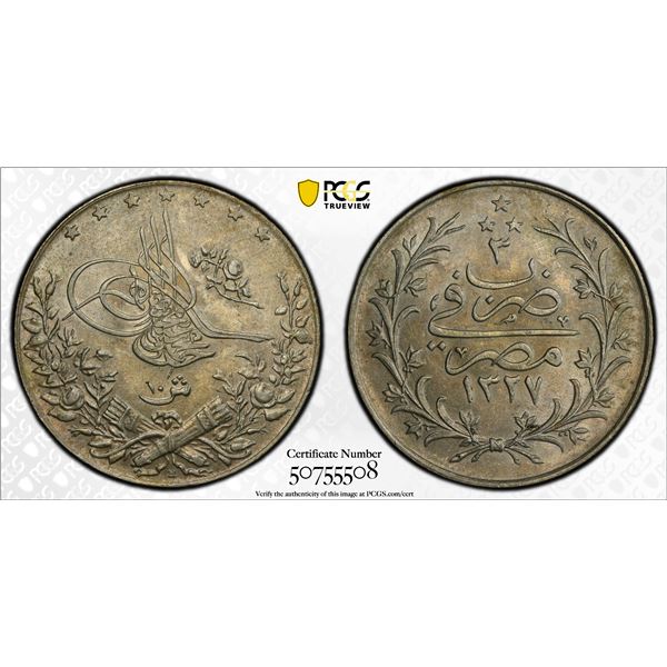 OTTOMAN: EGYPT: Mohammad V, 1909-1914, AR 10 qirsh, Misr, AH1327 year 3 (1911), PCGS MS62