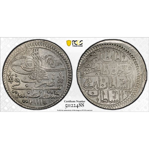 OTTOMAN: TURKEY: Ahmed III, 1703-1730, AR yirmilik, Kostantiniye, AH1115, PCGS MS65