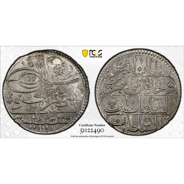 OTTOMAN: TURKEY: Ahmed III, 1703-1730, AR yirmilik, Kostantiniye, AH1115, PCGS MS64