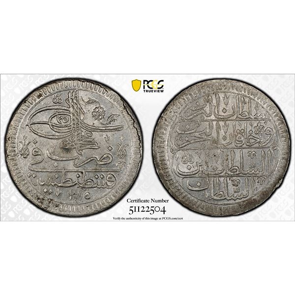 OTTOMAN: TURKEY: Ahmed III, 1703-1730, AR kurush, Kostantiniye, AH1115, PCGS MS65