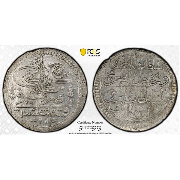 OTTOMAN: TURKEY: Ahmed III, 1703-1730, AR kurush, Kostantiniye, AH1115, PCGS MS63