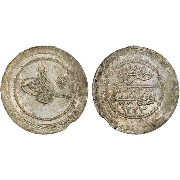 OTTOMAN: TURKEY: Mahmud II, 1808-1839, AR 5 kurush (25.04g), AH1223 year 7, choice XF
