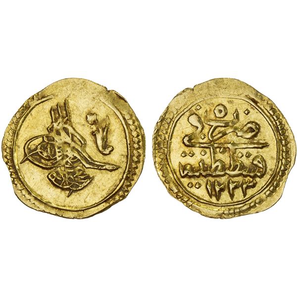 OTTOMAN: TURKEY: Mahmud II, 1808-1839, AV rubiye (0.81g), Kostantiniye, AH1223 year 5, choice AU