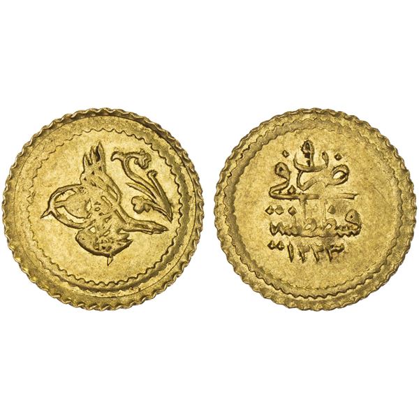 OTTOMAN: TURKEY: Mahmud II, 1808-1839, AV rubiye (0.82g), Kostantaniye, AH1223 year 9, Unc