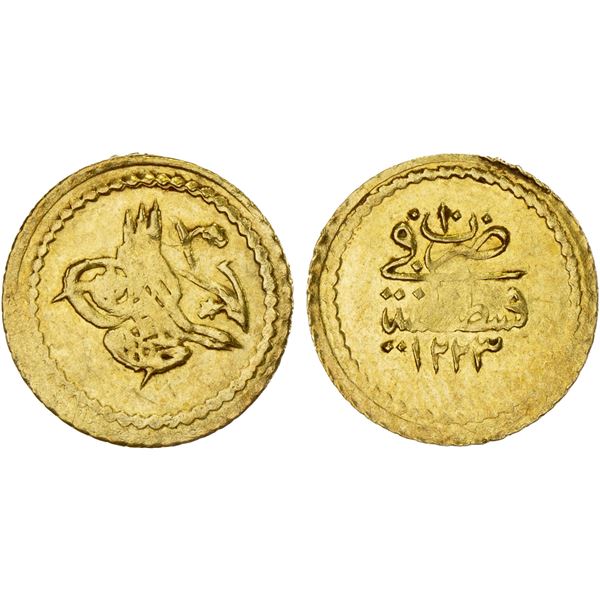 OTTOMAN: TURKEY: Mahmud II, 1808-1839, AV rubiye (0.78g), Kostantiniye, AH1223 year 10, XF-AU
