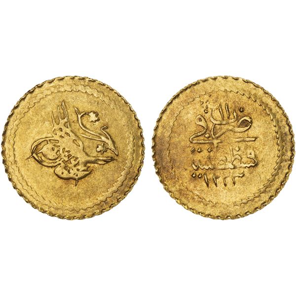 OTTOMAN: TURKEY: Mahmud II, 1808-1839, AV rubiye (0.80g), Kostantaniye, AH1223 year 11, Unc