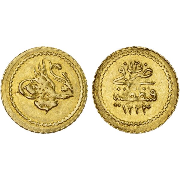 OTTOMAN: TURKEY: Mahmud II, 1808-1839, AV rubiye (0.81g), Kostantaniye, AH1223 year 12, Unc