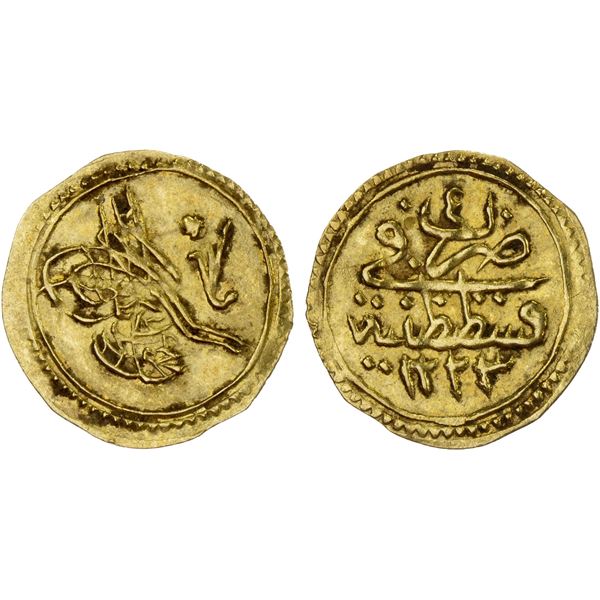OTTOMAN: TURKEY: Mahmud II, 1808-1839, AV rubiye (0.80g), Kostantiniye, AH1223 year 14, XF