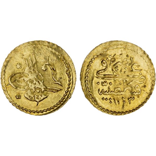 OTTOMAN: TURKEY: Mahmud II, 1808-1839, AV 1/4 zeri mahbub (0.59g), Kostantiniye, AH1223 year 14, VF