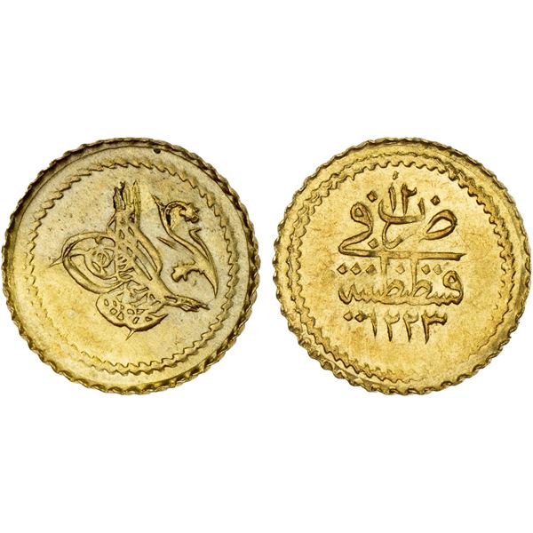 OTTOMAN: TURKEY: Mahmud II, 1808-1839, AV rubiye (0.80g), Kostantiniye, AH1223 year 12, Unc