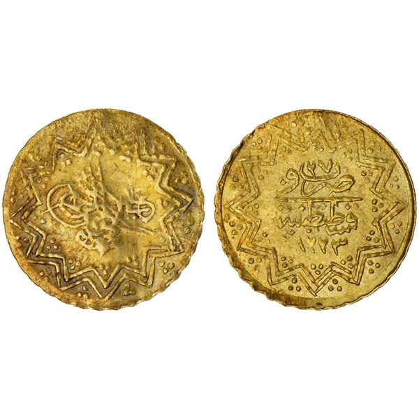 OTTOMAN: TURKEY: Mahmud II, 1808-1839, AV yeni rubiye (0.27g), Kostantiniye, AH1223 year 27, XF
