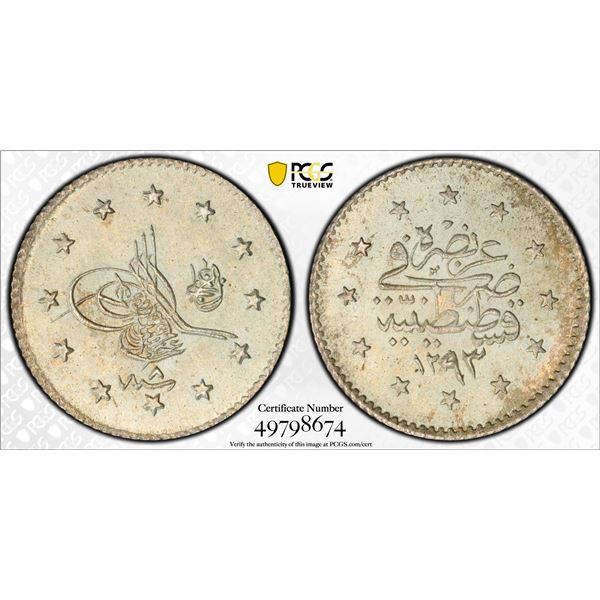 OTTOMAN: TURKEY: Abdul Hamid II, 1876-1909, AR kurush, Kostantiniye, AH1293 year 8 (1883), PCGS MS66