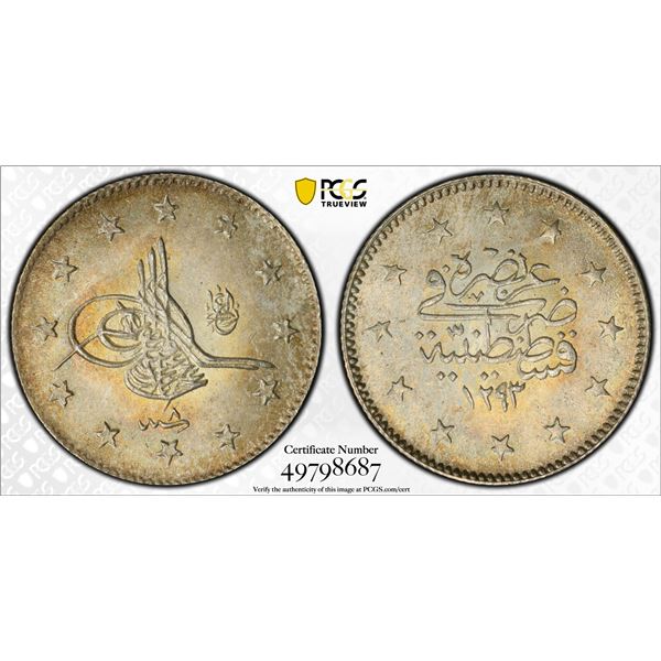 OTTOMAN: TURKEY: Abdul Hamid II, 1876-1909, AR 2 kurush, Kostantiniye, AH1293 year 8 (1883), PCGS MS