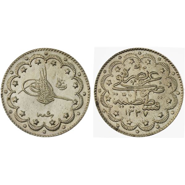 OTTOMAN: TURKEY: Muhammad V, 1909-1918, AE 8 maravedis, AH1327 year 5, Unc