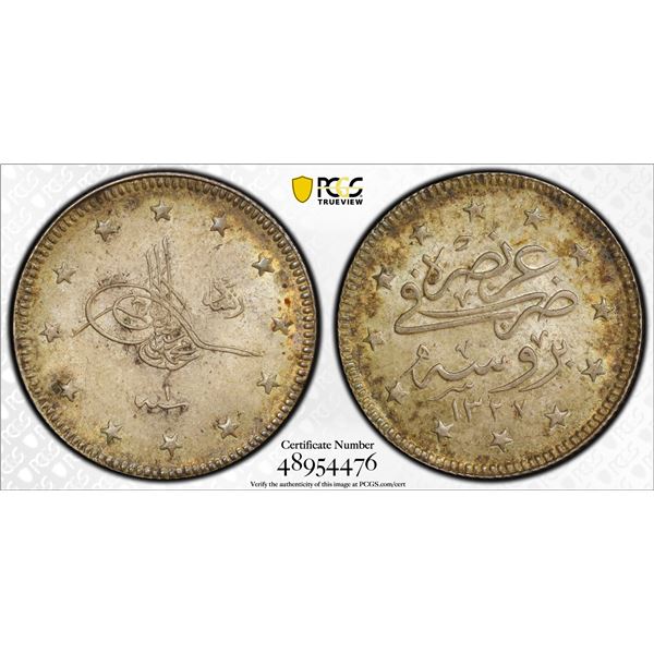 OTTOMAN: TURKEY: Mehmet V, 1909-1918, AR 2 kurush, Bursa, AH1327 year 1, PCGS MS63