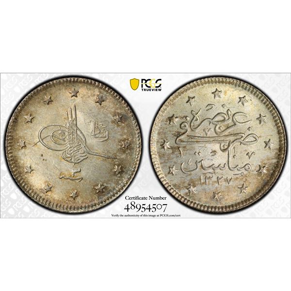 OTTOMAN: TURKEY: Mehmet V, 1909-1918, AR 2 kurush, Manastir, AH1327 year 3, PCGS MS64