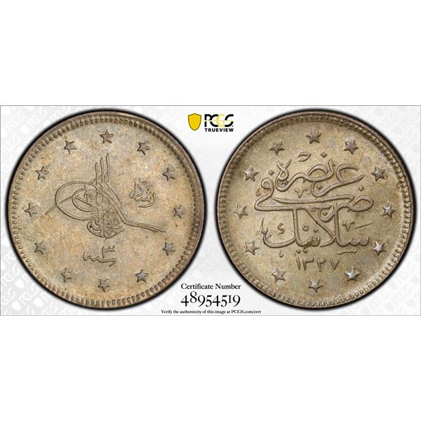 OTTOMAN: TURKEY: Mehmet V, 1909-1918, AR 2 kurush, Salanik, AH1327 year 3, PCGS AU58