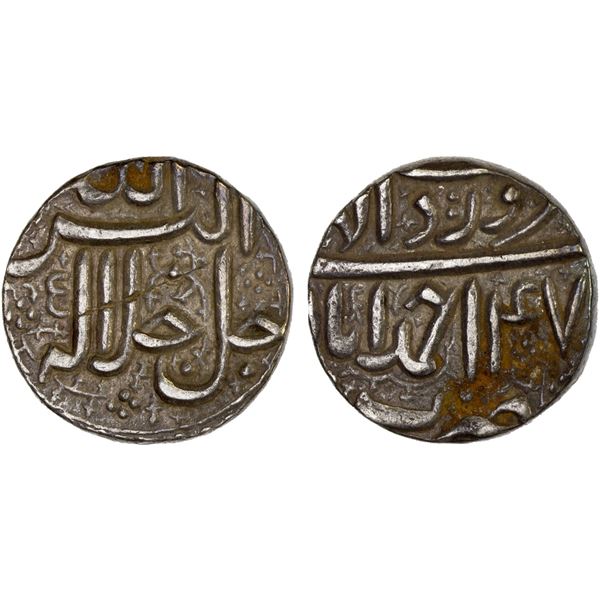 MUGHAL: Akbar, 1556-1605, AR rupee, Ahmadabad, year 47 Farwardi, VF