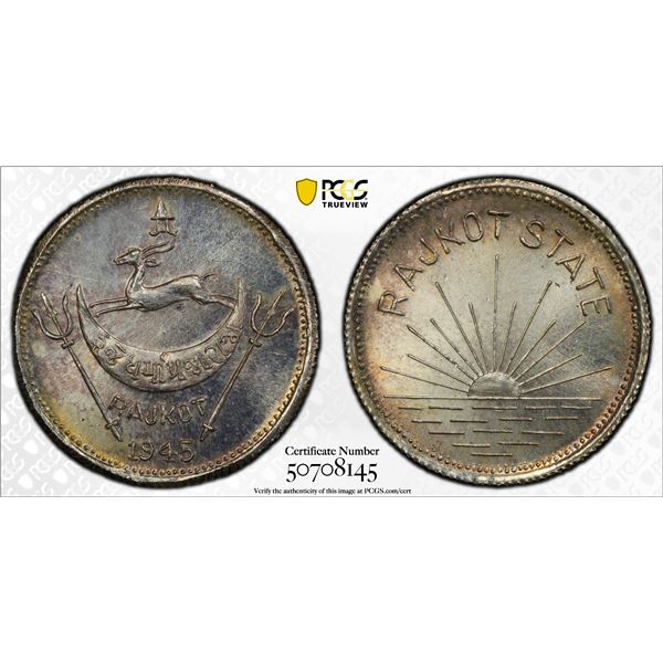 RAJKOT: Dharmendra Singh, 1930-1948, AR medallic mohur, 1945, PCGS MS65