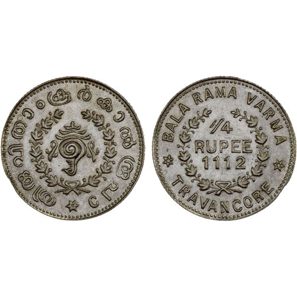 TRAVANCORE: Bala Rama Varma II, 1924-1949, AR 1/4 rupee, ME1112 (1937), Unc