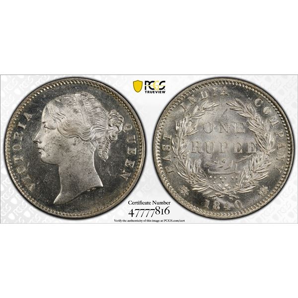 BRITISH INDIA: Victoria, Queen, 1837-1876, AR rupee, 1840(b&c), PCGS MS64