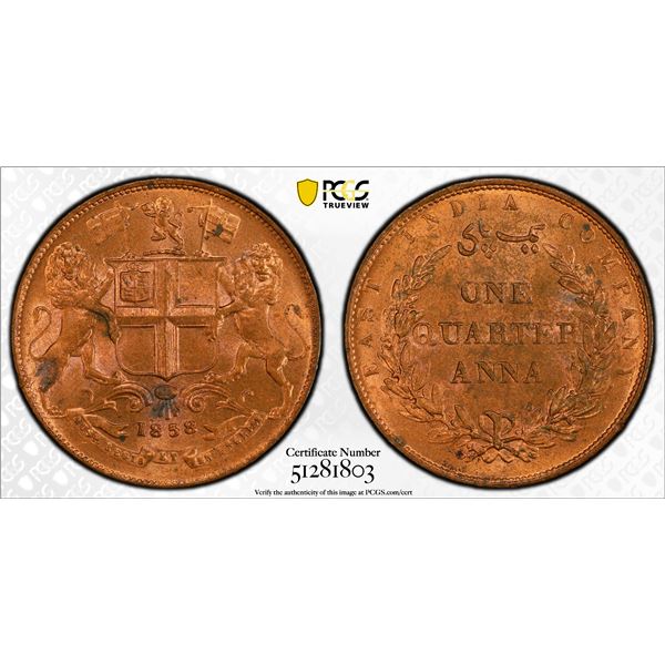 BRITISH INDIA: Victoria, Queen, 1837-1876, AE 1/4 anna, 1858(h), PCGS MS64 RB