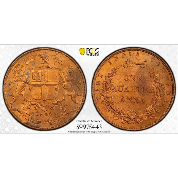 BRITISH INDIA: Victoria, Queen, 1837-1876, AE 1/4 anna, 1858(h), PCGS MS64 RB