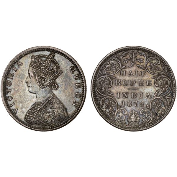 BRITISH INDIA: Victoria, Queen, 1837-1876, AR 1/2 rupee, Bombay, 1874(b), XF
