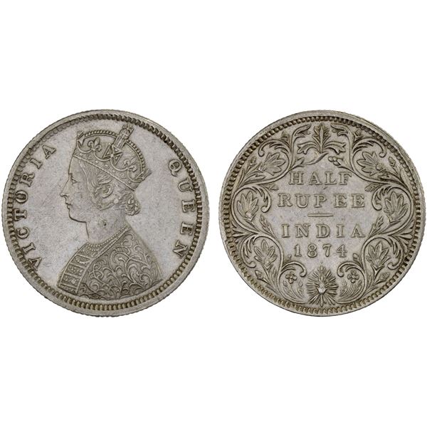 BRITISH INDIA: Victoria, Queen, 1837-1876, AR 1/2 rupee, 1874(b), XF