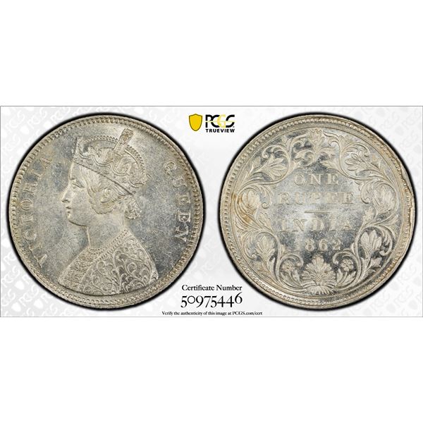 BRITISH INDIA: Victoria, Queen, 1837-1876, AR rupee, 1862(b), PCGS MS61